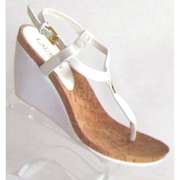 DESIGNER LAUREN RALPH LAUREN WHITE PATENT LEATHER CORK WEDGE HEEL SANDALS 8.5 M - Picture 1 of 16